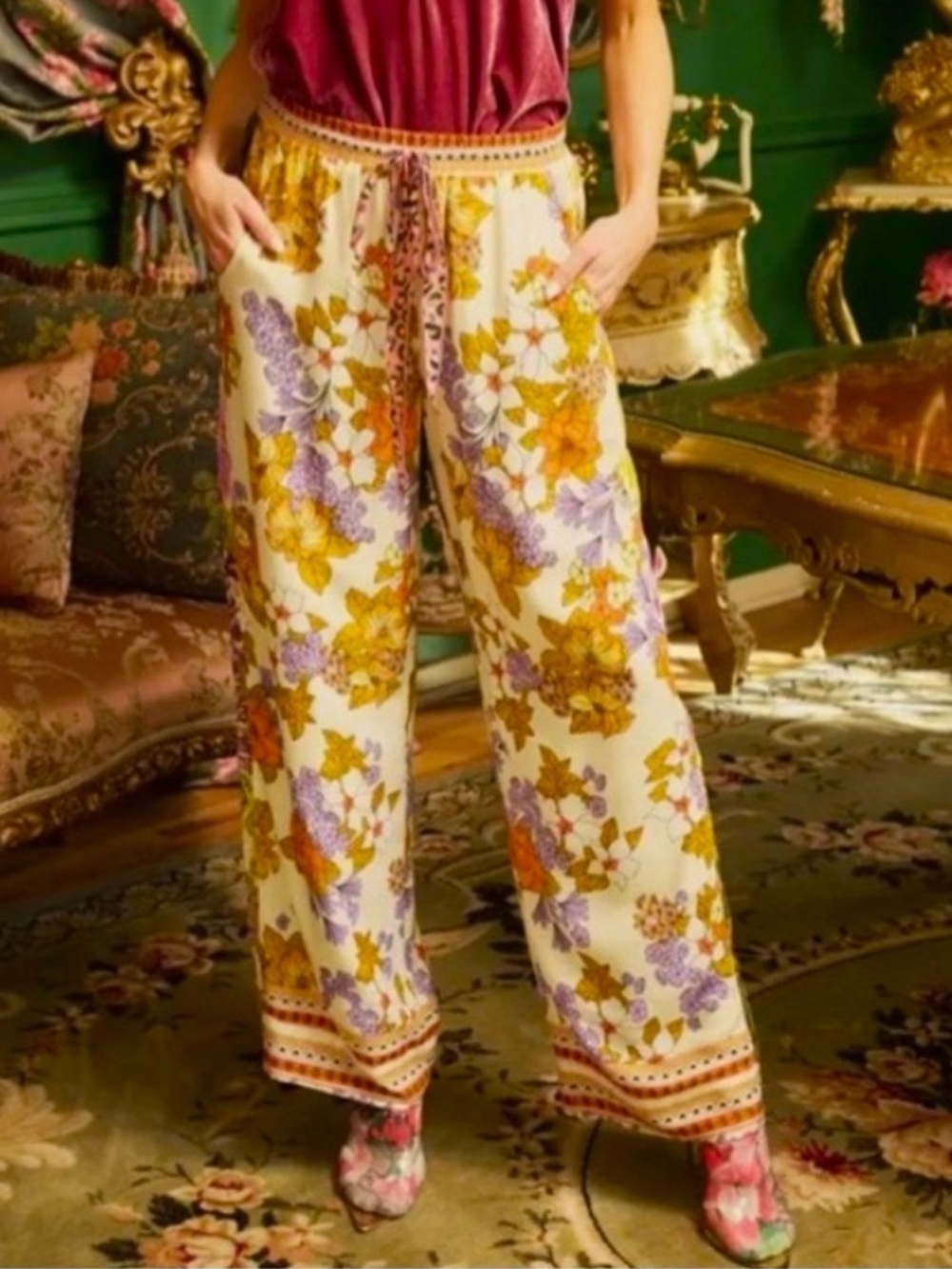 Aratta Golden Aurela Wide-Leg Floral Drawstring Pants with Purple & Gold